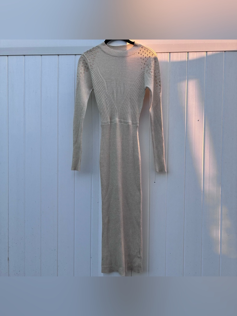 BCX Women’s Long Sleeve Knit Maxi Dress Studded Shoulders Gold NWOT Sz S